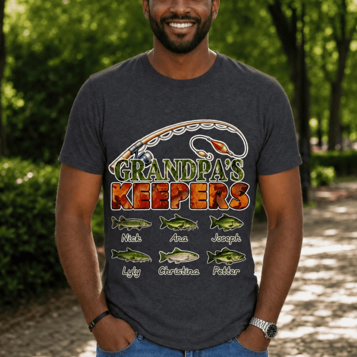 Personalized fishing shirt for men, featuring a rod graphic and six fish named after grandchildren or kids.