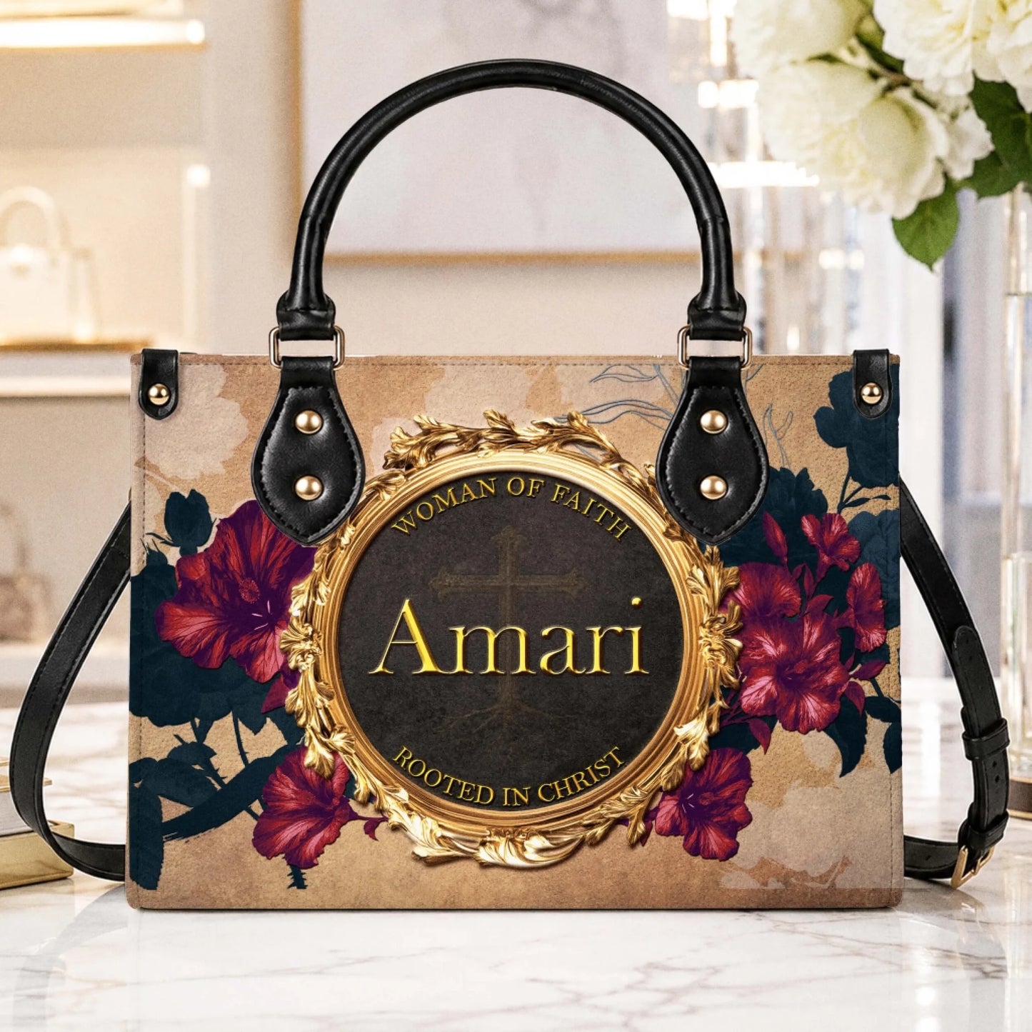 Custom handbag featuring the name Amari and woman of faith quote displayed in a gold frame against floral art.