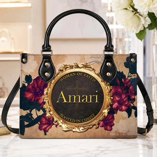 Custom handbag featuring the name Amari and woman of faith quote displayed in a gold frame against floral art.