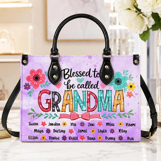 Customizable floral handbag displaying Blessed to be called Grandma and printed names for a thoughtful grandma gift.