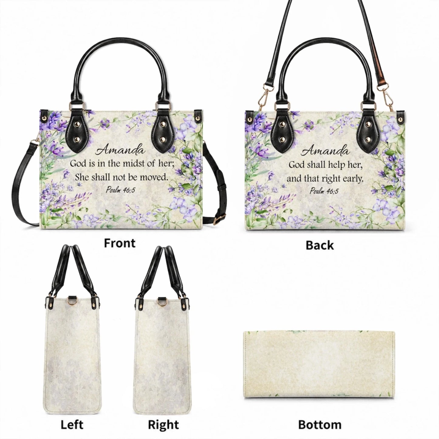 Detailed views of a custom floral handbag showing the front with Psalm 46 5, back verse, side panels, and bag base.