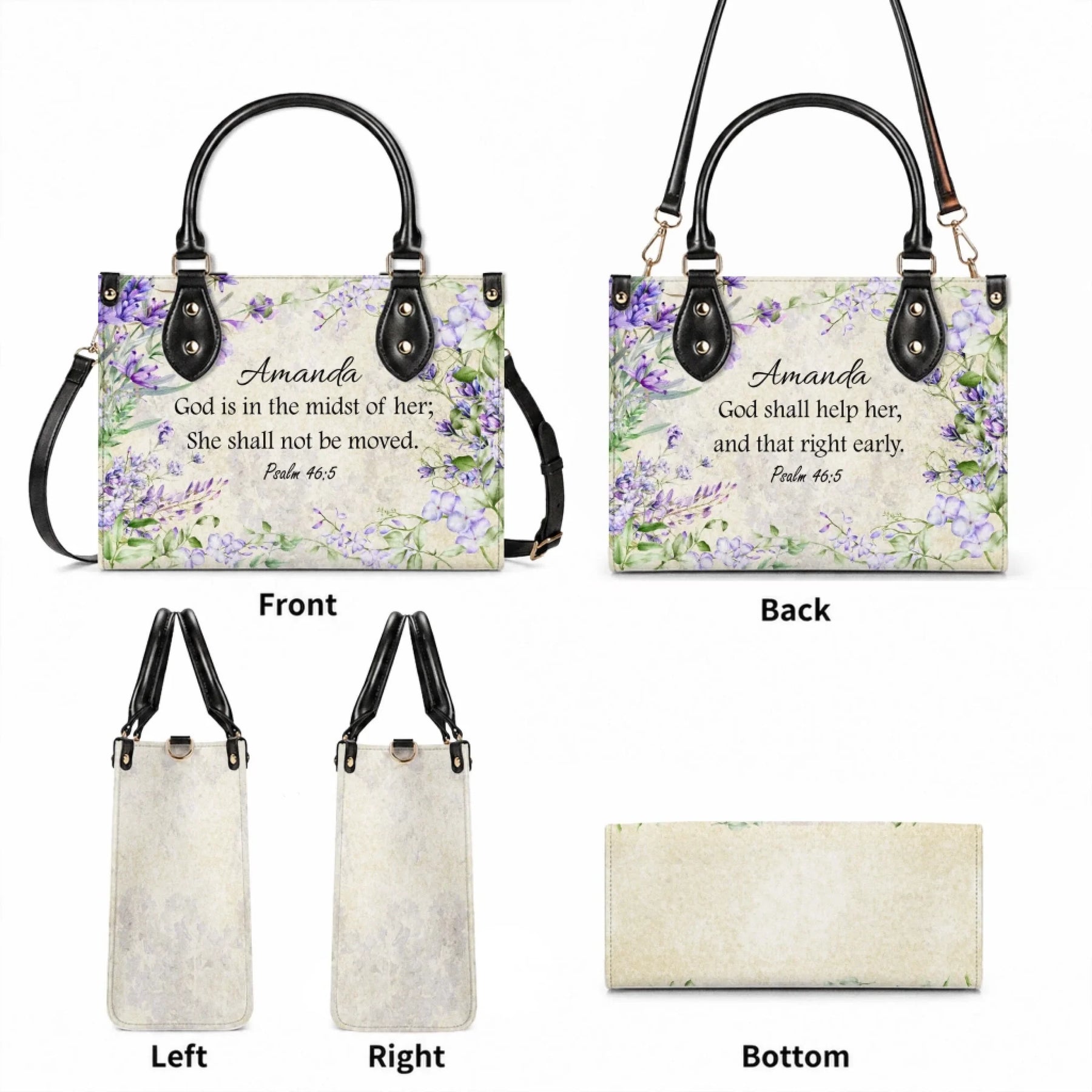 Detailed views of a custom floral handbag showing the front with Psalm 46 5, back verse, side panels, and bag base.