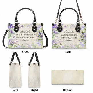 Detailed views of a custom floral handbag showing the front with Psalm 46 5, back verse, side panels, and bag base.