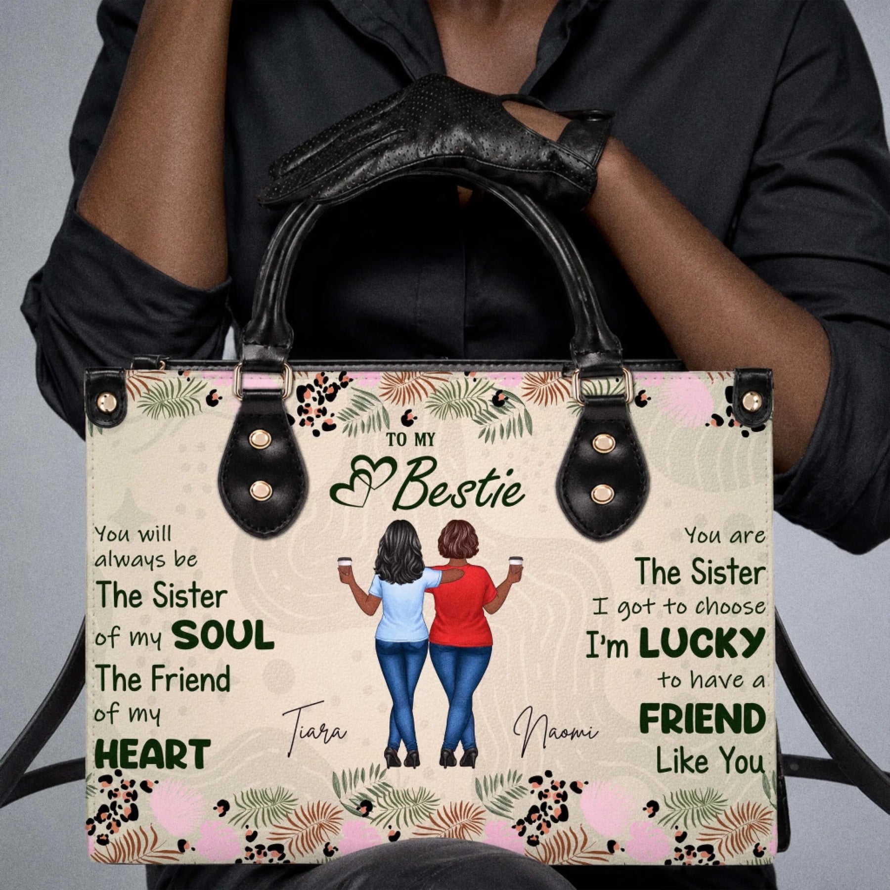 Personalized friendship handbag with two friends illustration, custom names, and a loving bestie quote for women.
