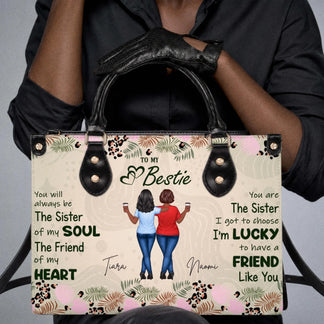 Personalized friendship handbag with two friends illustration, custom names, and a loving bestie quote for women.