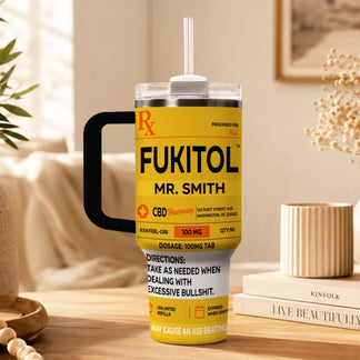 Insulated tumbler with handle featuring a fun prescription bottle design and sarcastic medical warnings.