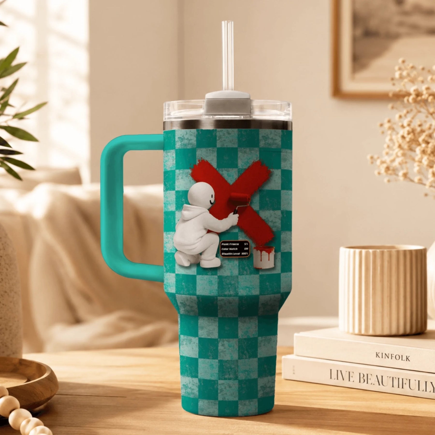 Custom tumbler with a white character painting a red X with paint to hide blend mode on text and stats