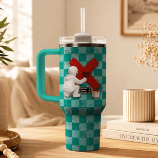 Custom tumbler with a white character painting a red X with paint to hide blend mode on text and stats