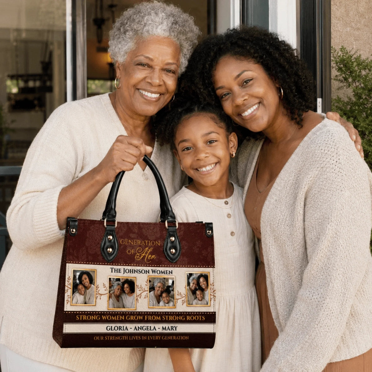 Custom handbag for mothers and daughters featuring photo collage and sentimental Generation of Her family quote print.