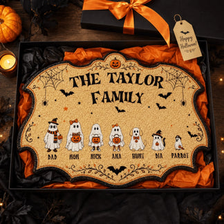 Personalized Halloween ghost family doormat gift for the Taylor family packed in a festive box with ribbon.