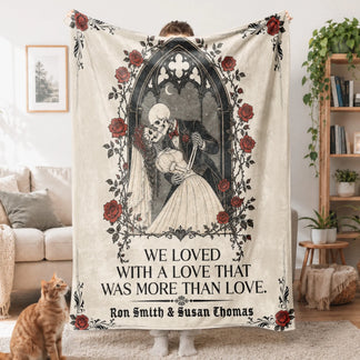 Custom throw blanket for couples with a skeleton bride and groom design, gothic floral frame, and personalized names Ron Smith and Susan Thomas.
