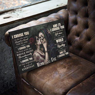 Custom sugar skull romantic canvas print with Henry and Evie names, a unique gothic valentine or anniversary gift
