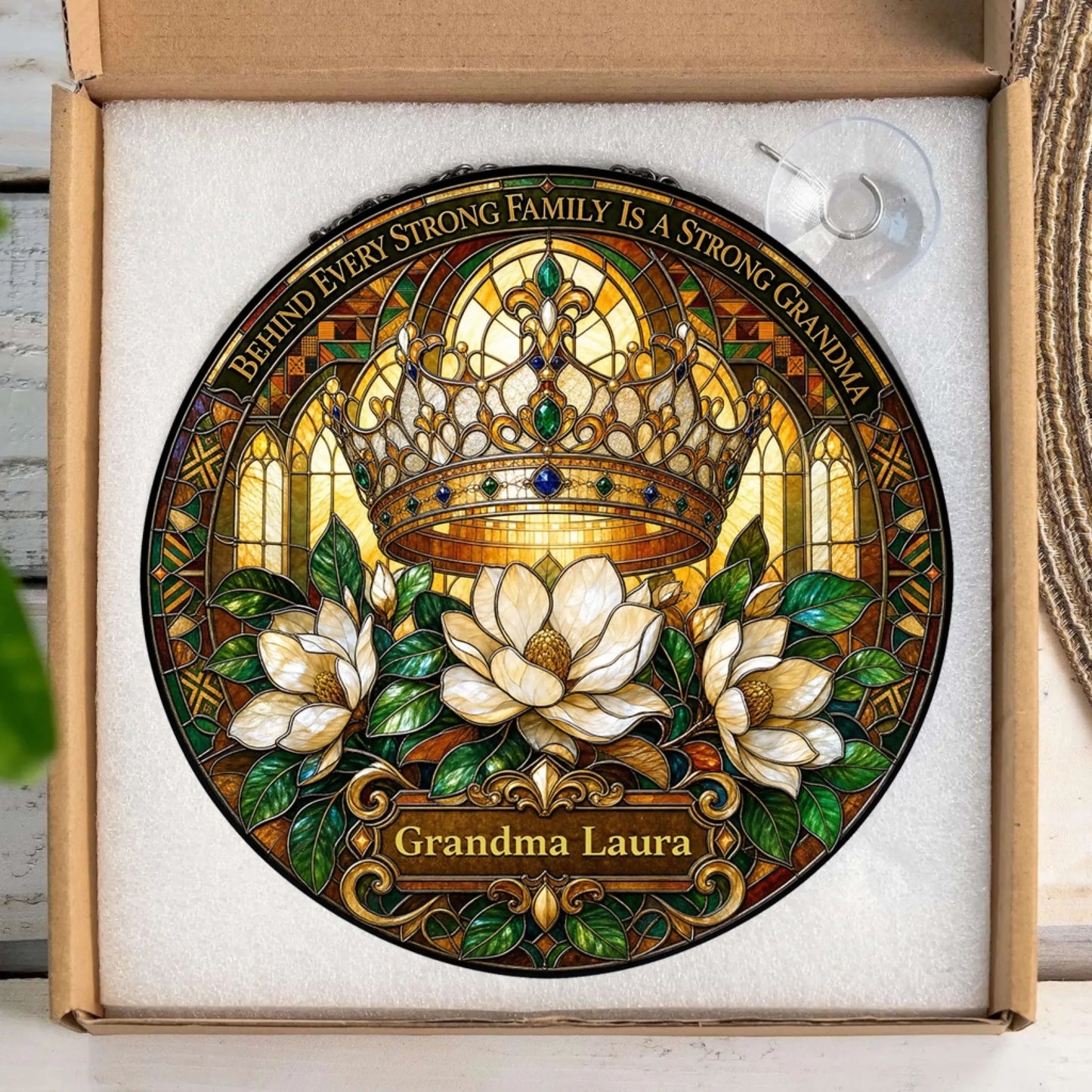 Custom Grandma Laura circular suncatcher with a royal crown and floral design in a protective gift box packaging.