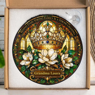 Custom Grandma Laura circular suncatcher with a royal crown and floral design in a protective gift box packaging.