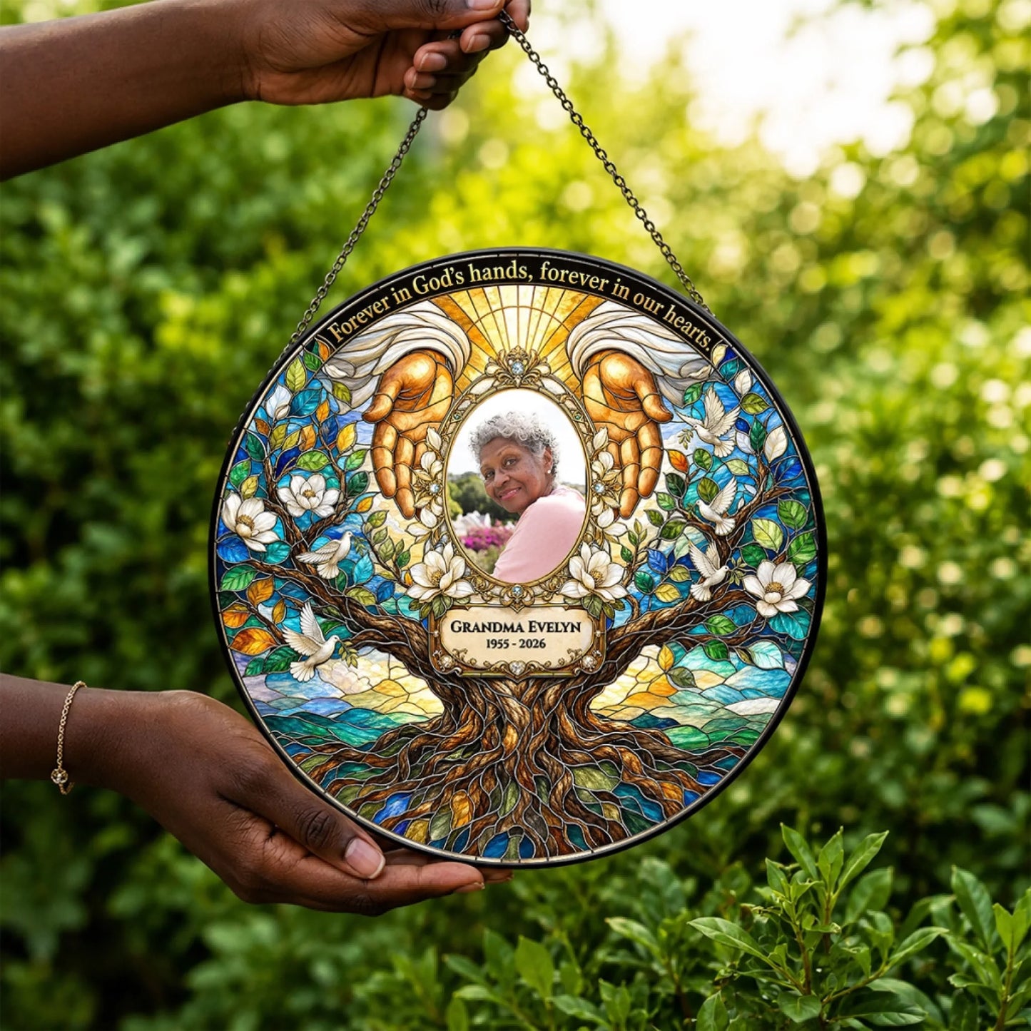 Custom memorial stained glass suncatcher with Grandma Evelyn photo, tree of life design, and comforting sympathy quote.