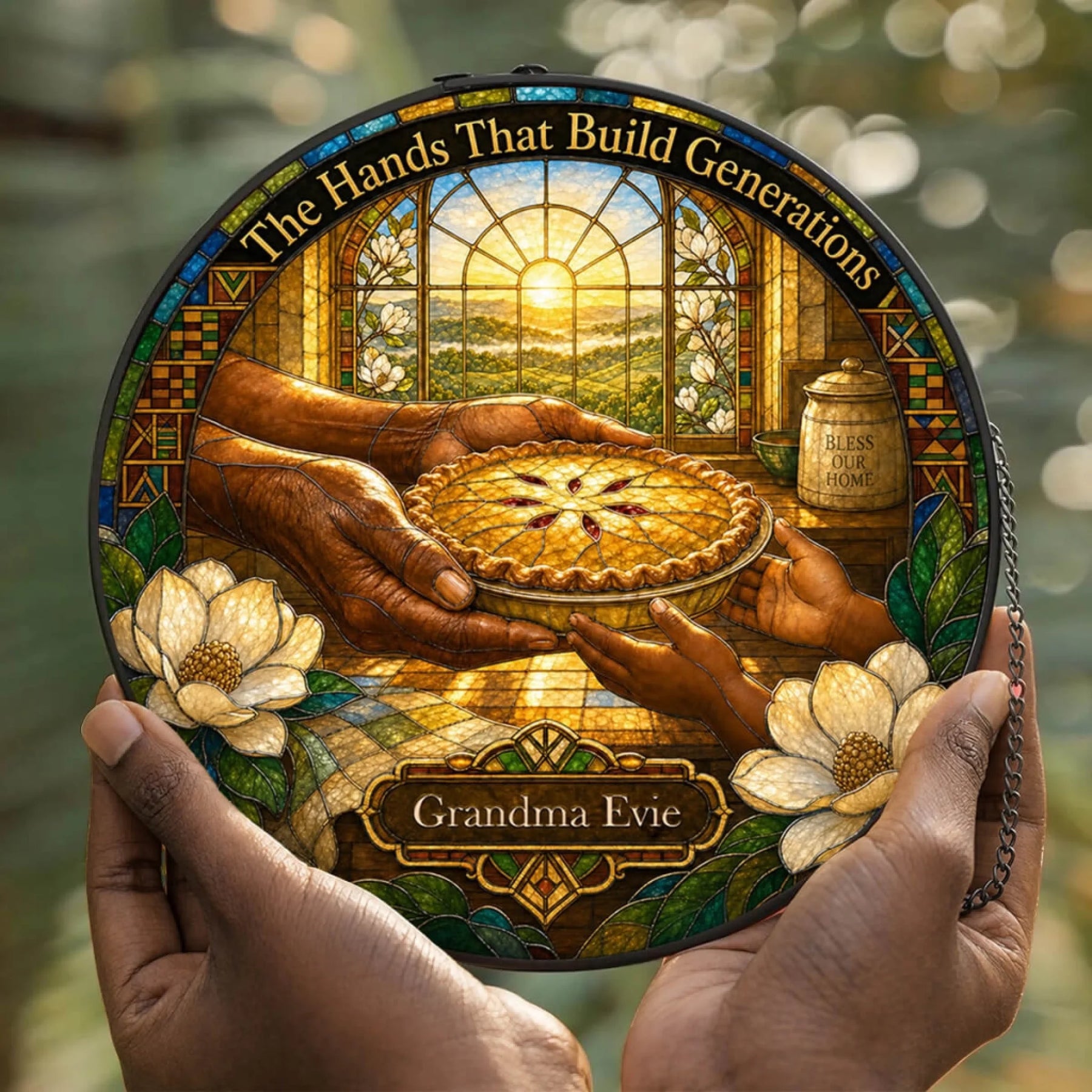 Decorative stained glass suncatcher showing a touching scene of intergenerational hands holding a fresh baked pie.