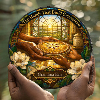Decorative stained glass suncatcher showing a touching scene of intergenerational hands holding a fresh baked pie.