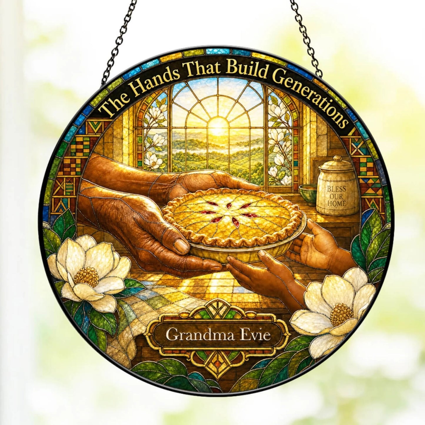 The Hands That Build Generations stained glass suncatcher personalized for Grandma Evie with floral accents.