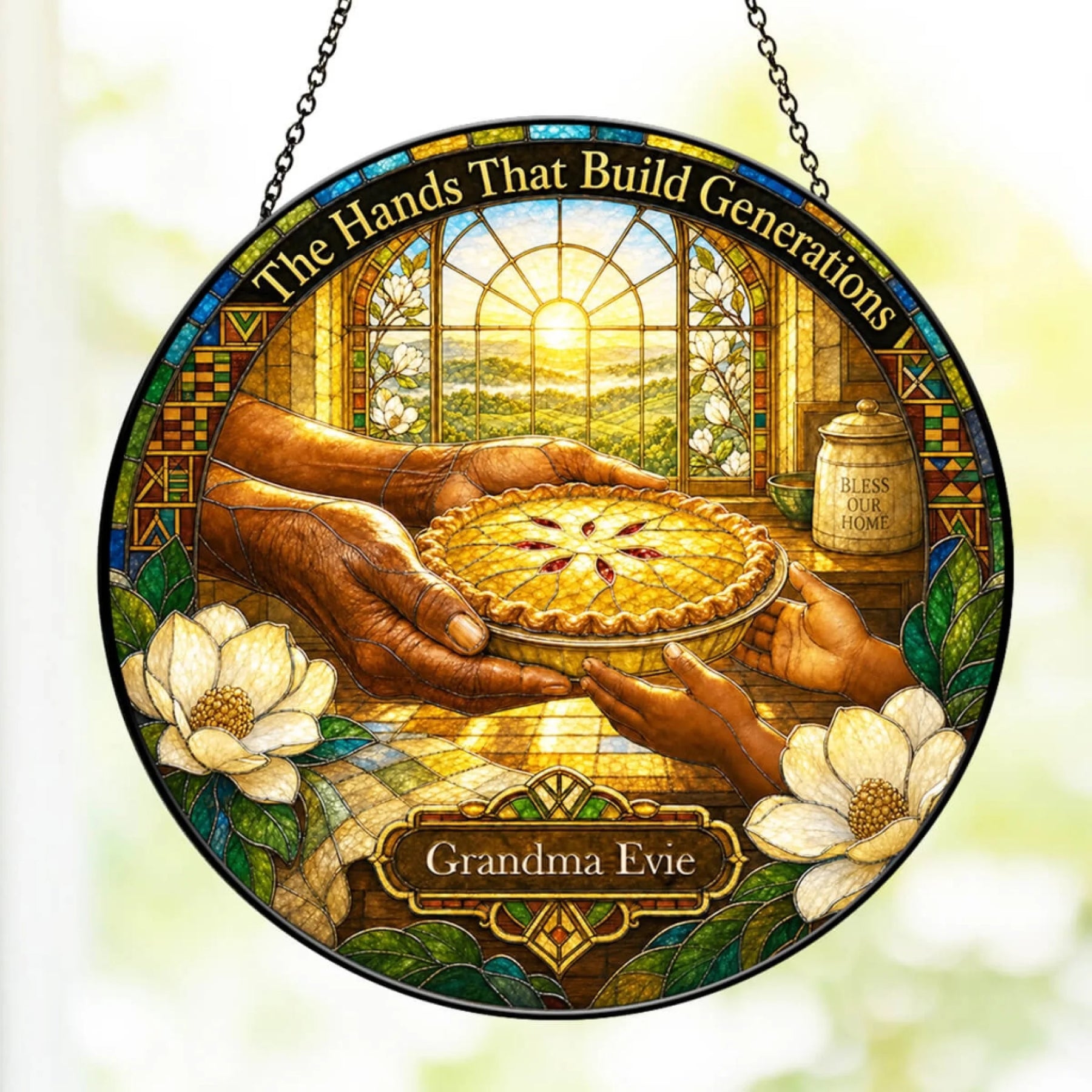 The Hands That Build Generations stained glass suncatcher personalized for Grandma Evie with floral accents.