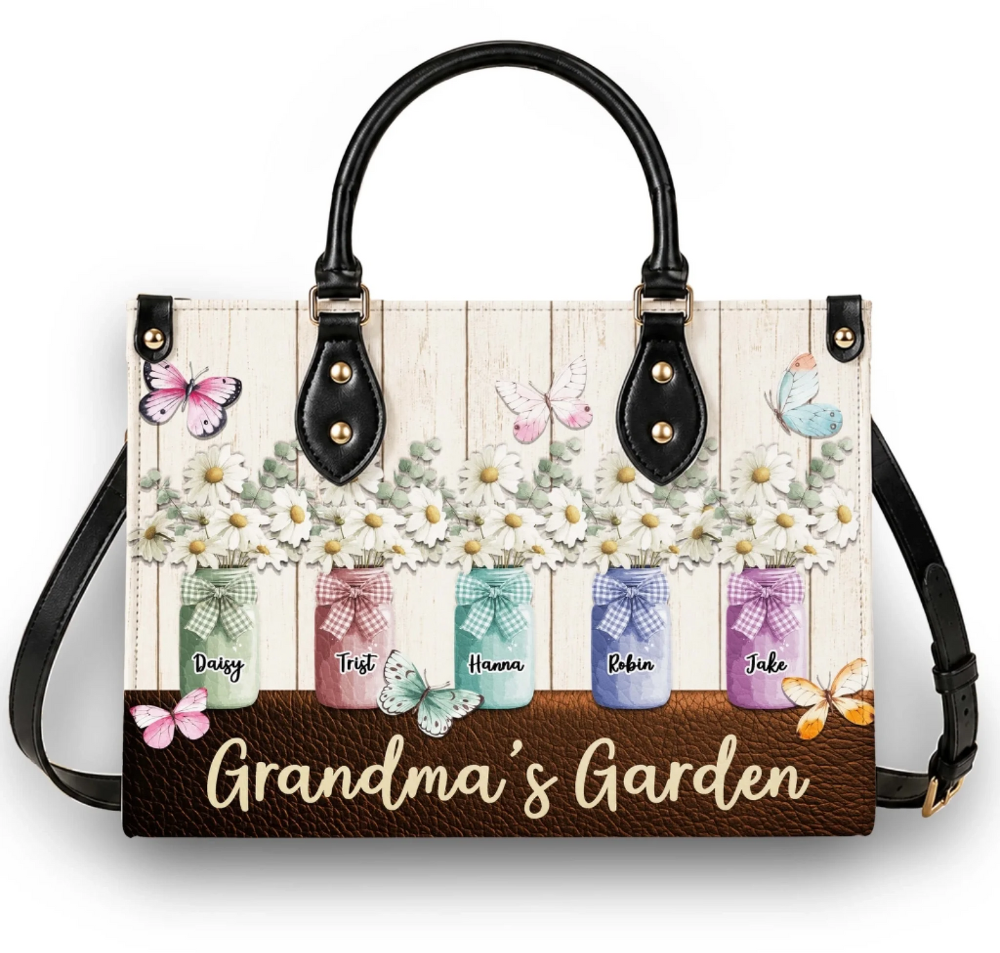 Personalized handbag for grandma with names on mason jar flower vases and beautiful butterfly accents.