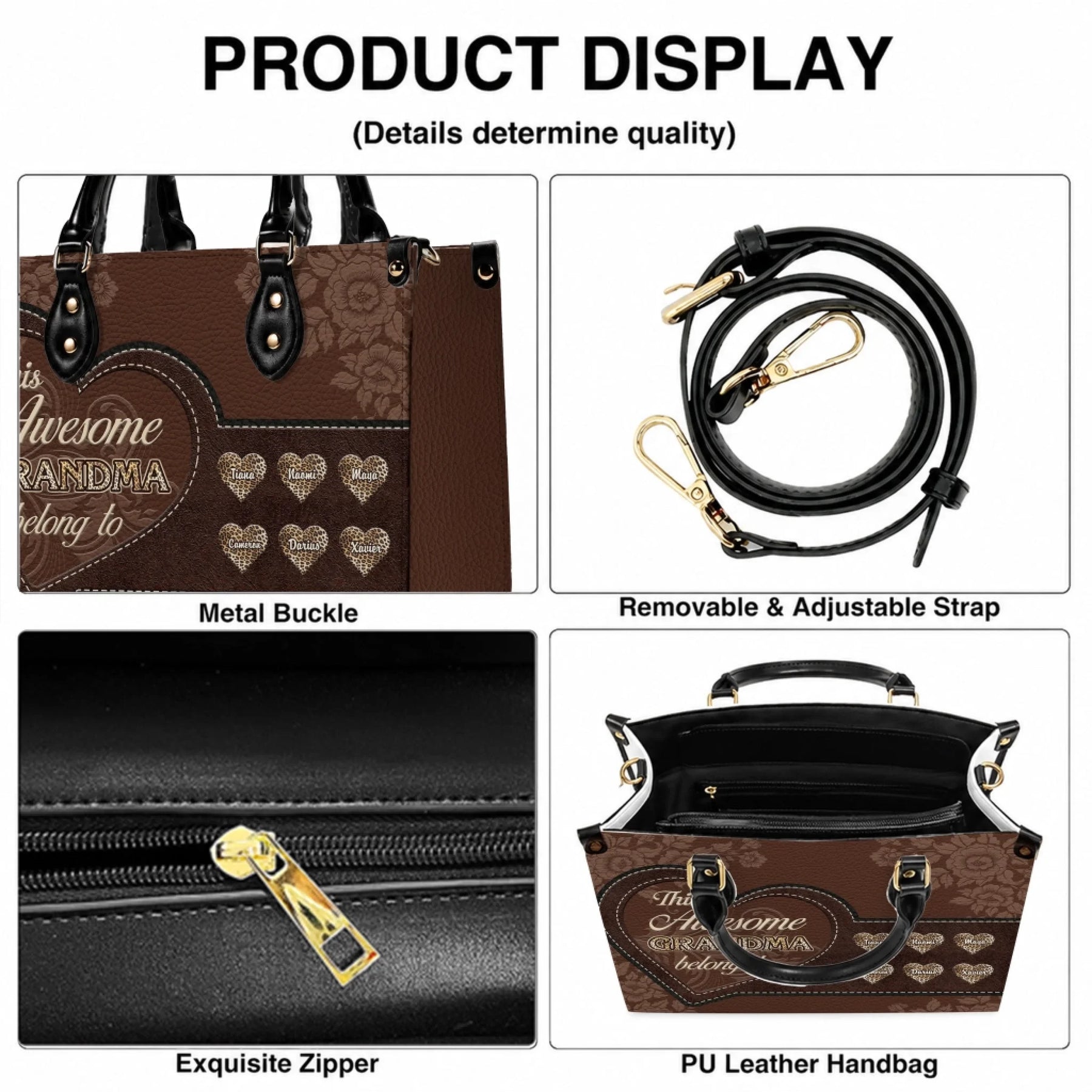 Detailed view of a personalized grandma handbag showcasing metal buckles, adjustable straps, and zipper quality.