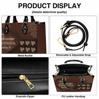 Detailed view of a personalized grandma handbag showcasing metal buckles, adjustable straps, and zipper quality.