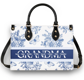 Custom grandma handbag featuring a blue floral butterfly print with a personalized name list on the front panel.