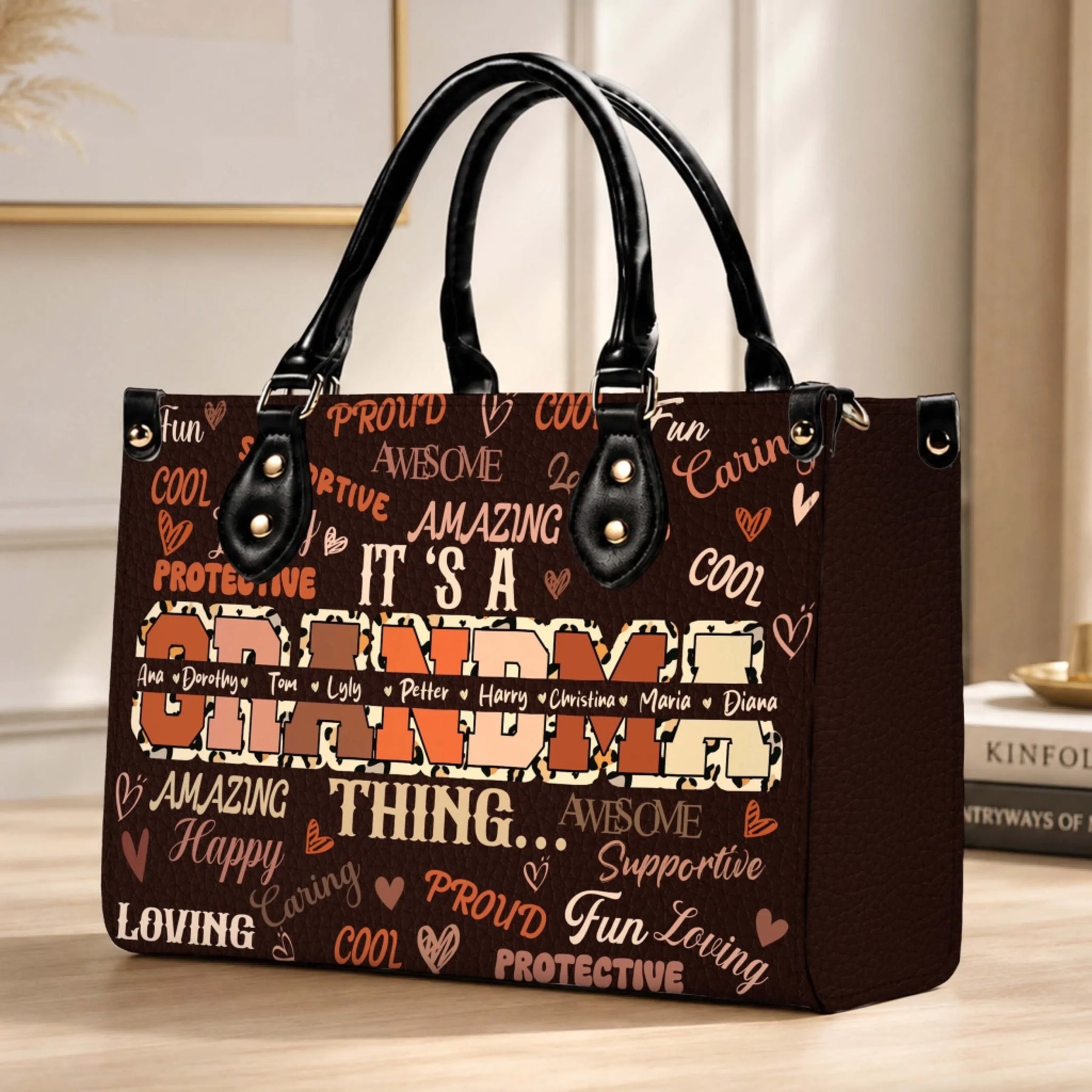 Fashionable brown leather tote bag with Grandma text and custom family names, designed as a unique personalized gift.