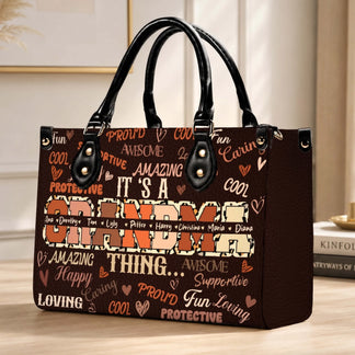 Fashionable brown leather tote bag with Grandma text and custom family names, designed as a unique personalized gift.