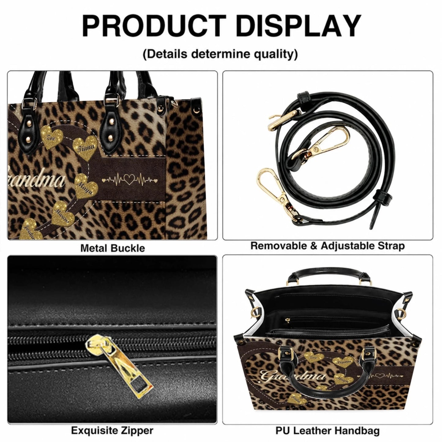 Detailed view of a custom leopard print grandma handbag showing the metal buckle adjustable strap zipper and design.