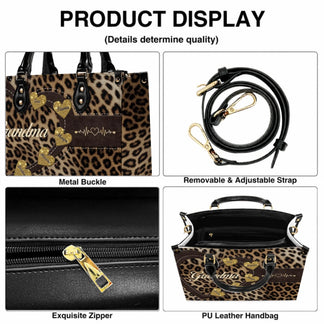 Detailed view of a custom leopard print grandma handbag showing the metal buckle adjustable strap zipper and design.