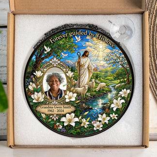Personalized memorial suncatcher for Grandma Gwen Smith packed in a box, featuring a custom photo, Jesus, and religious theme.