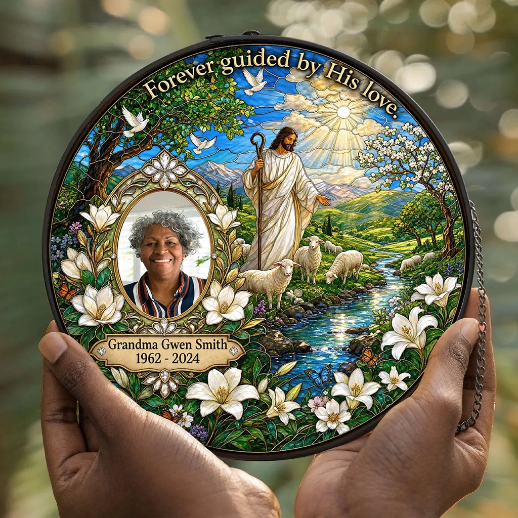Round personalized memorial suncatcher for Grandma Gwen Smith with a photo, sheep design, and the text Forever guided by His love.