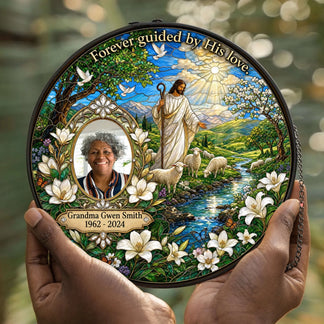 Round personalized memorial suncatcher for Grandma Gwen Smith with a photo, sheep design, and the text Forever guided by His love.
