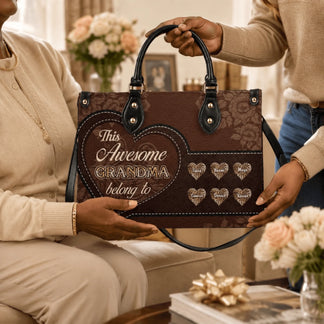 Elegant personalized brown handbag with floral design and custom heart labels featuring grandchildren names.