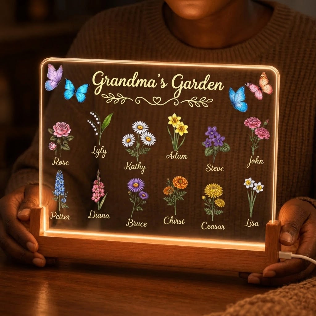 Hands holding a personalized Grandma's Garden LED acrylic night light with custom birth flowers and family names.