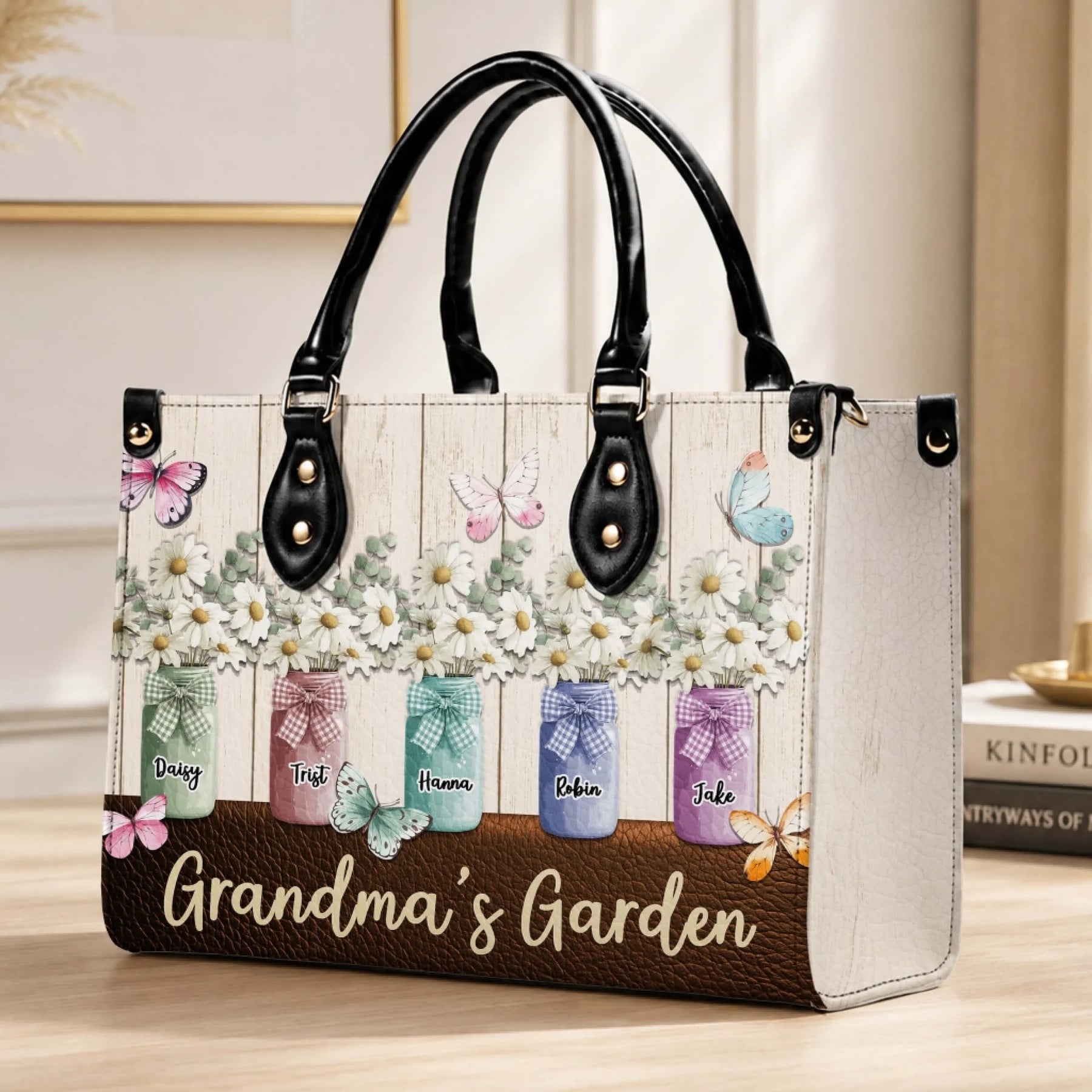 Personalized Grandma's Garden shoulder bag with floral mason jar illustrations and names for a unique Mother's Day gift.
