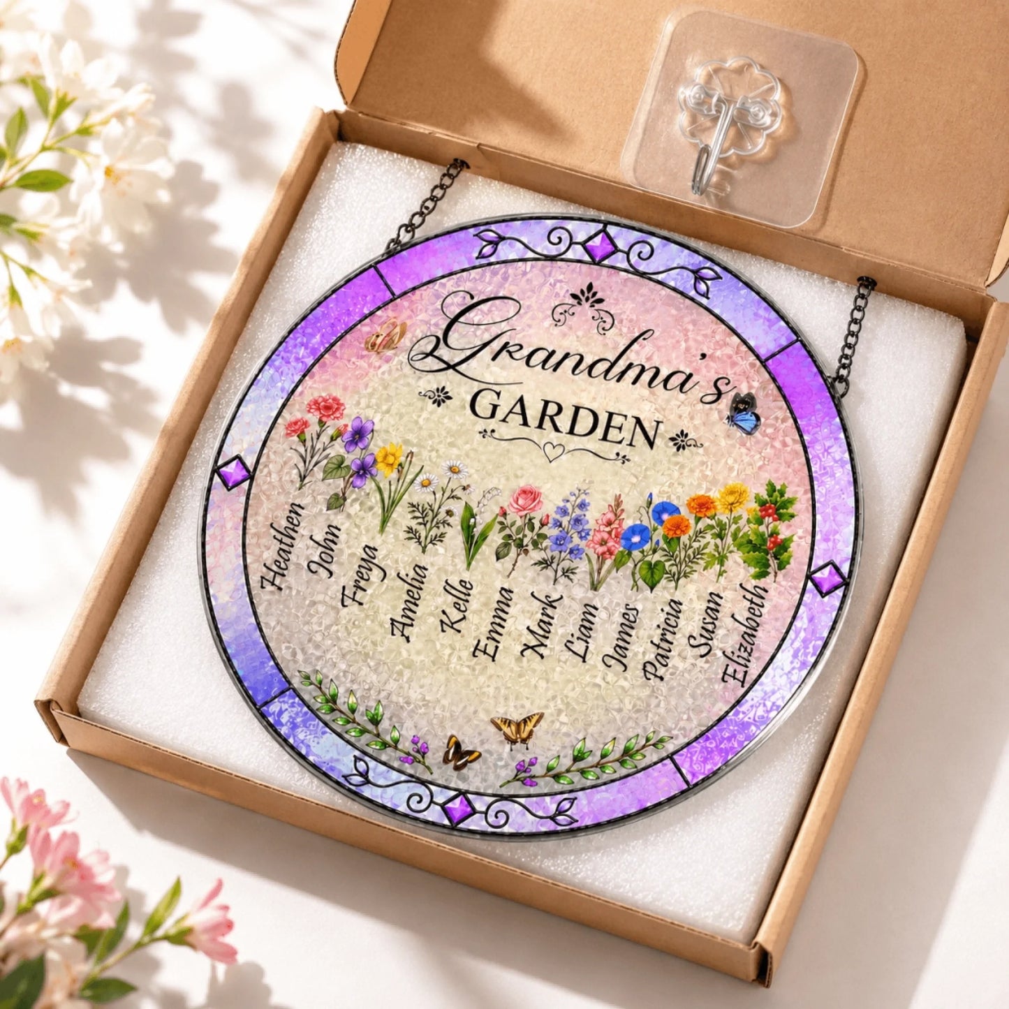 Personalized Grandma's Garden suncatcher gift set with mounting hook and custom floral names for a thoughtful keepsake.