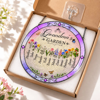 Personalized Grandma's Garden suncatcher gift set with mounting hook and custom floral names for a thoughtful keepsake.