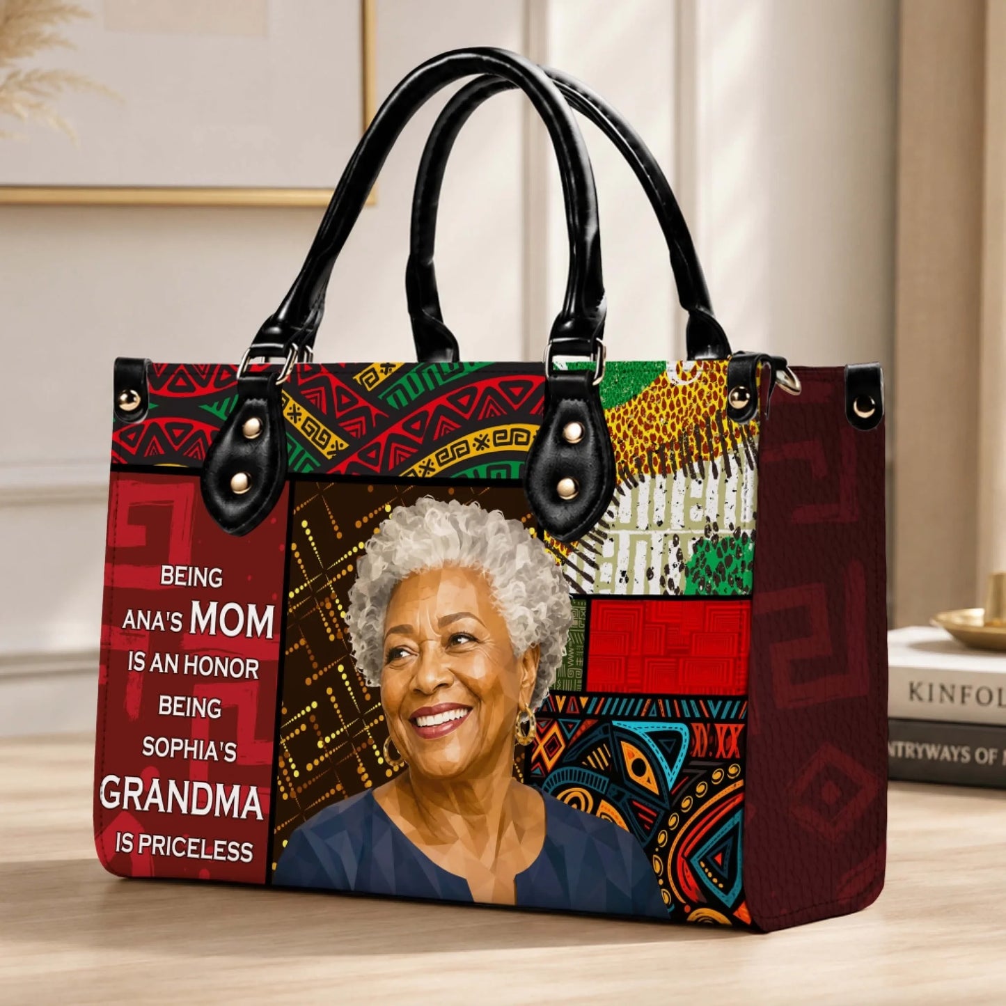 Thoughtful custom gift for grandmother presented as a stylish tote bag with unique cultural patterns and a personalized photo illustration, perfect for special occasions.