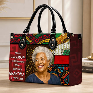Thoughtful custom gift for grandmother presented as a stylish tote bag with unique cultural patterns and a personalized photo illustration, perfect for special occasions.