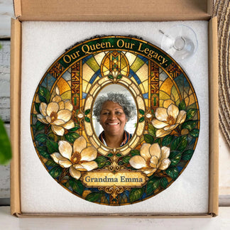 Personalized Grandma Emma memorial stained glass suncatcher inside a gift box with a suction cup hanger included.