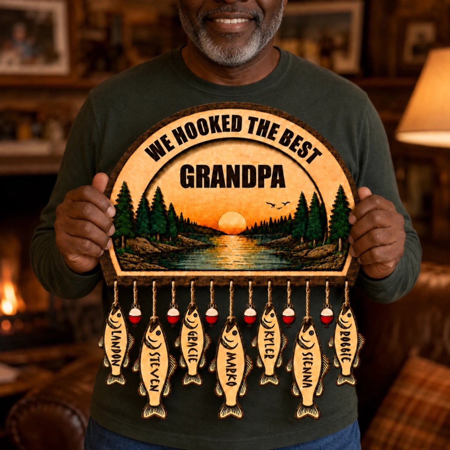 Personalized fishing themed wooden wall sign for Grandpa featuring hanging fish ornaments with custom grandchildren names.