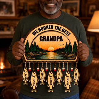 Personalized fishing themed wooden wall sign for Grandpa featuring hanging fish ornaments with custom grandchildren names.