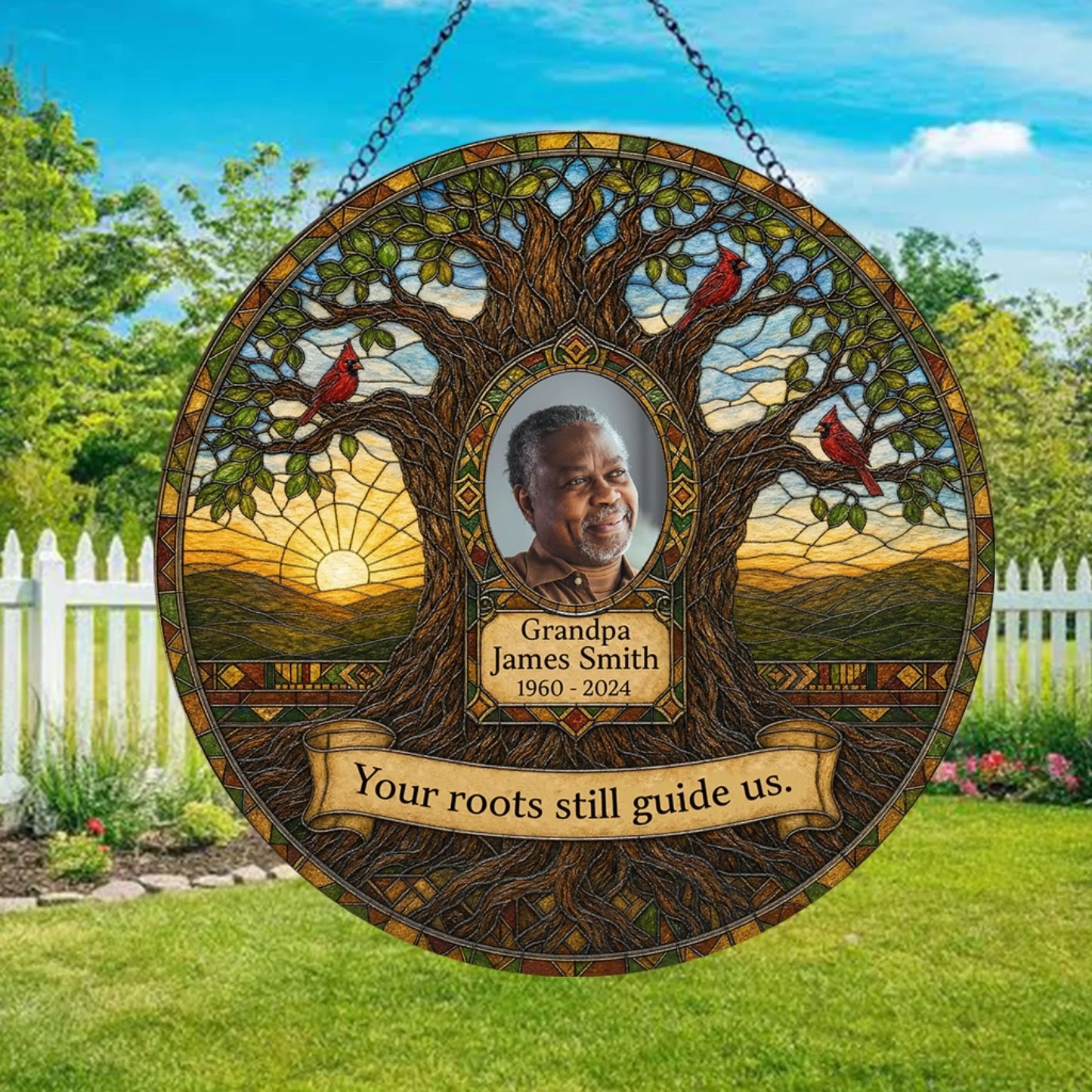 Personalized sympathy gift suncatcher showing a cardinal tree of life, Grandpa photo, and sentimental tribute text.