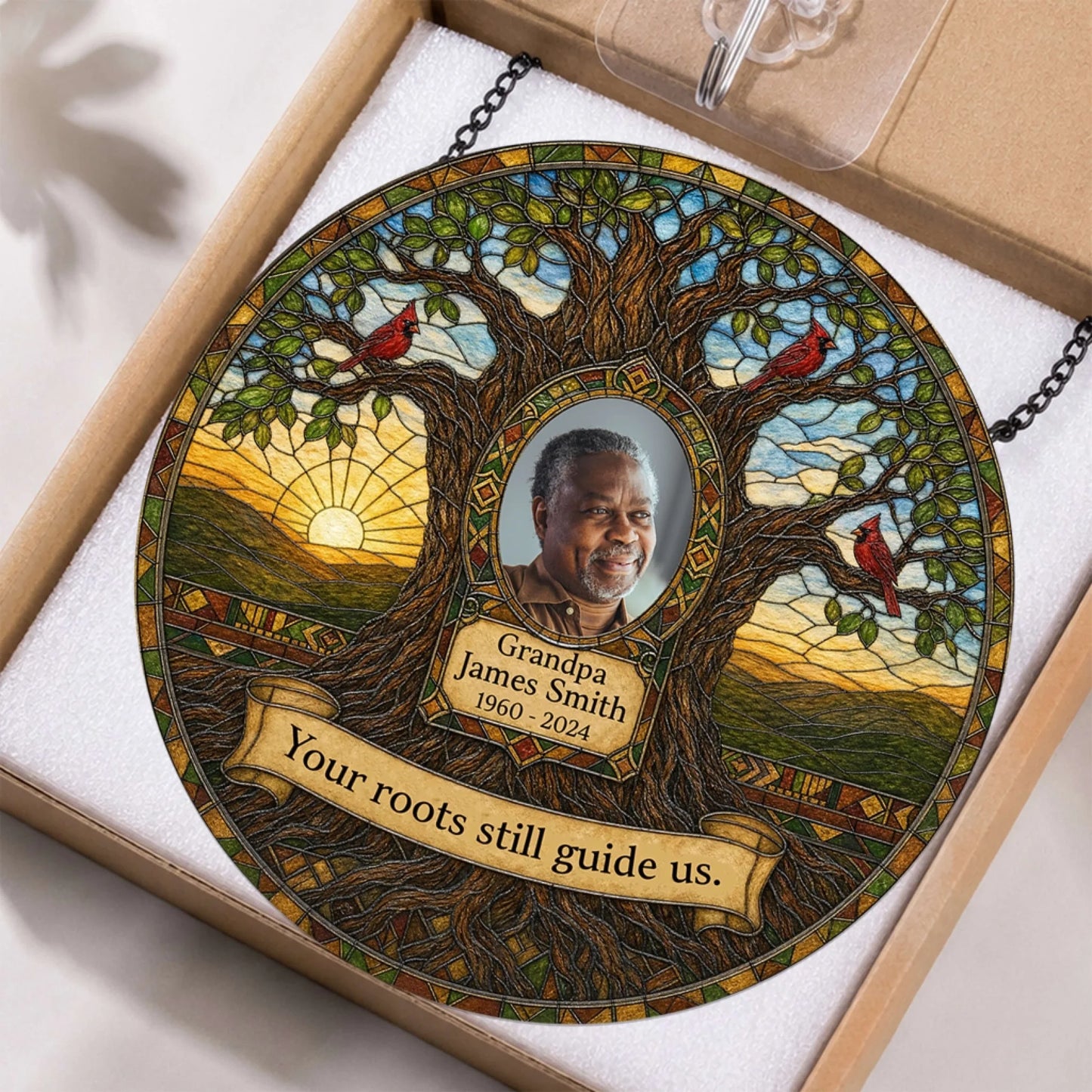 Custom memorial stained glass suncatcher for Grandpa James Smith, packaged in a gift box with a hanging attachment.