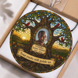 Custom memorial stained glass suncatcher for Grandpa James Smith, packaged in a gift box with a hanging attachment.