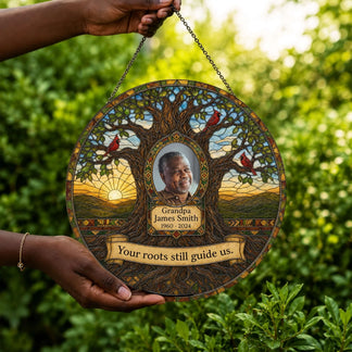Personalized memorial suncatcher displaying a stained glass tree of life design with photo and custom memorial quote.