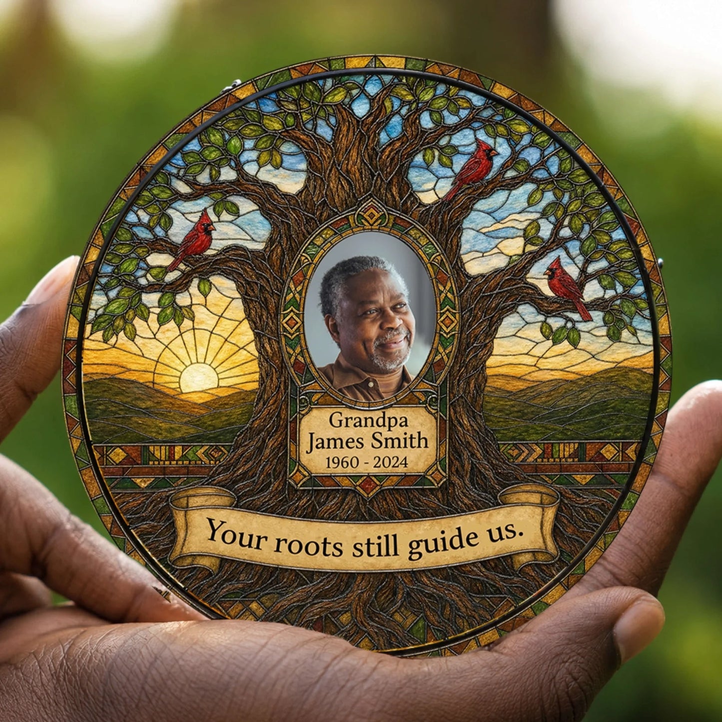 Custom memorial suncatcher with cardinal art, featuring a personalized photo and dates for a sympathy gift for family.