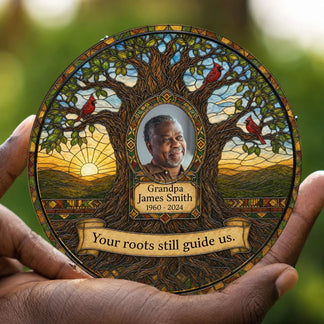 Custom memorial suncatcher with cardinal art, featuring a personalized photo and dates for a sympathy gift for family.